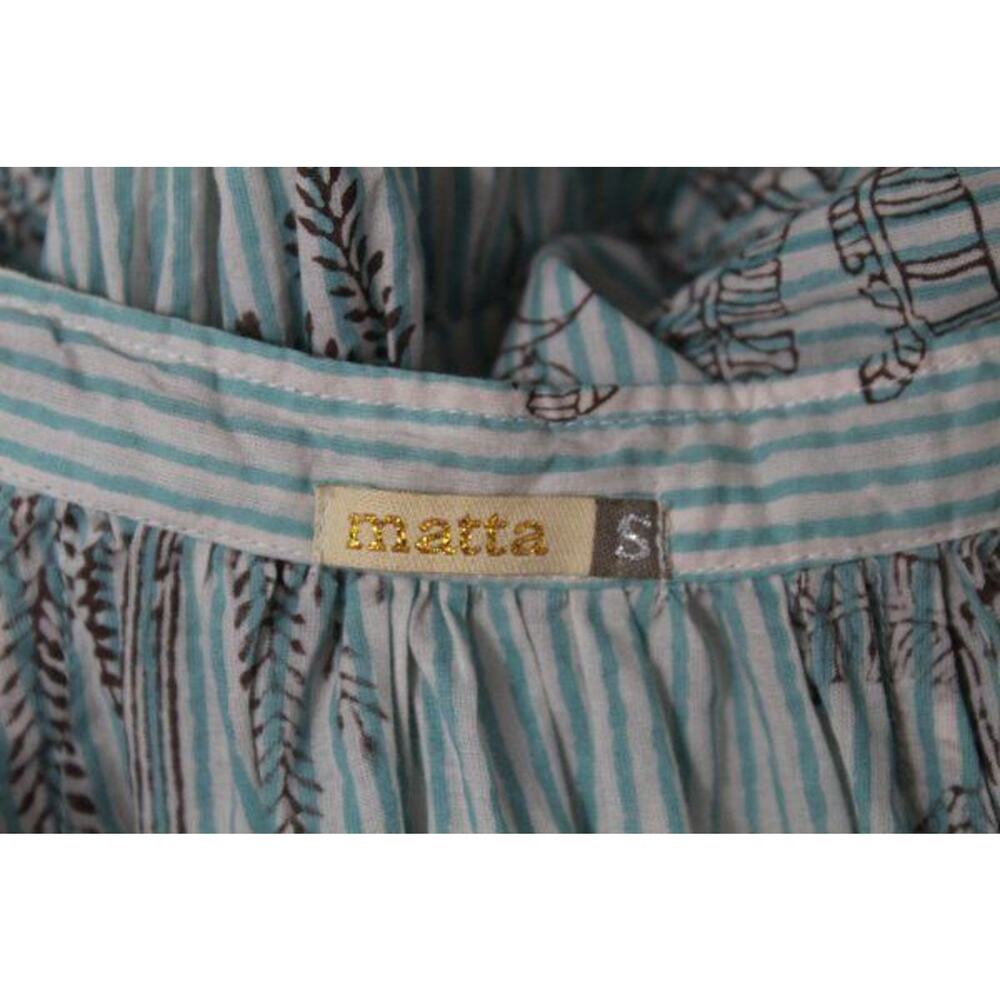 MATTA Sz S Small Aqua Stripe Short Elbow Sleeve Midi Dress Cotton Katia Trees - Picture 3 of 11